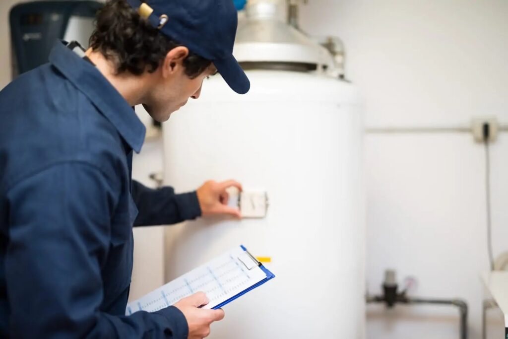 A plumbing technician installing a white tank water heater.